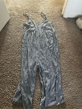 bp Navy and White Striped Embroidered Wide-Leg Jumpsuit